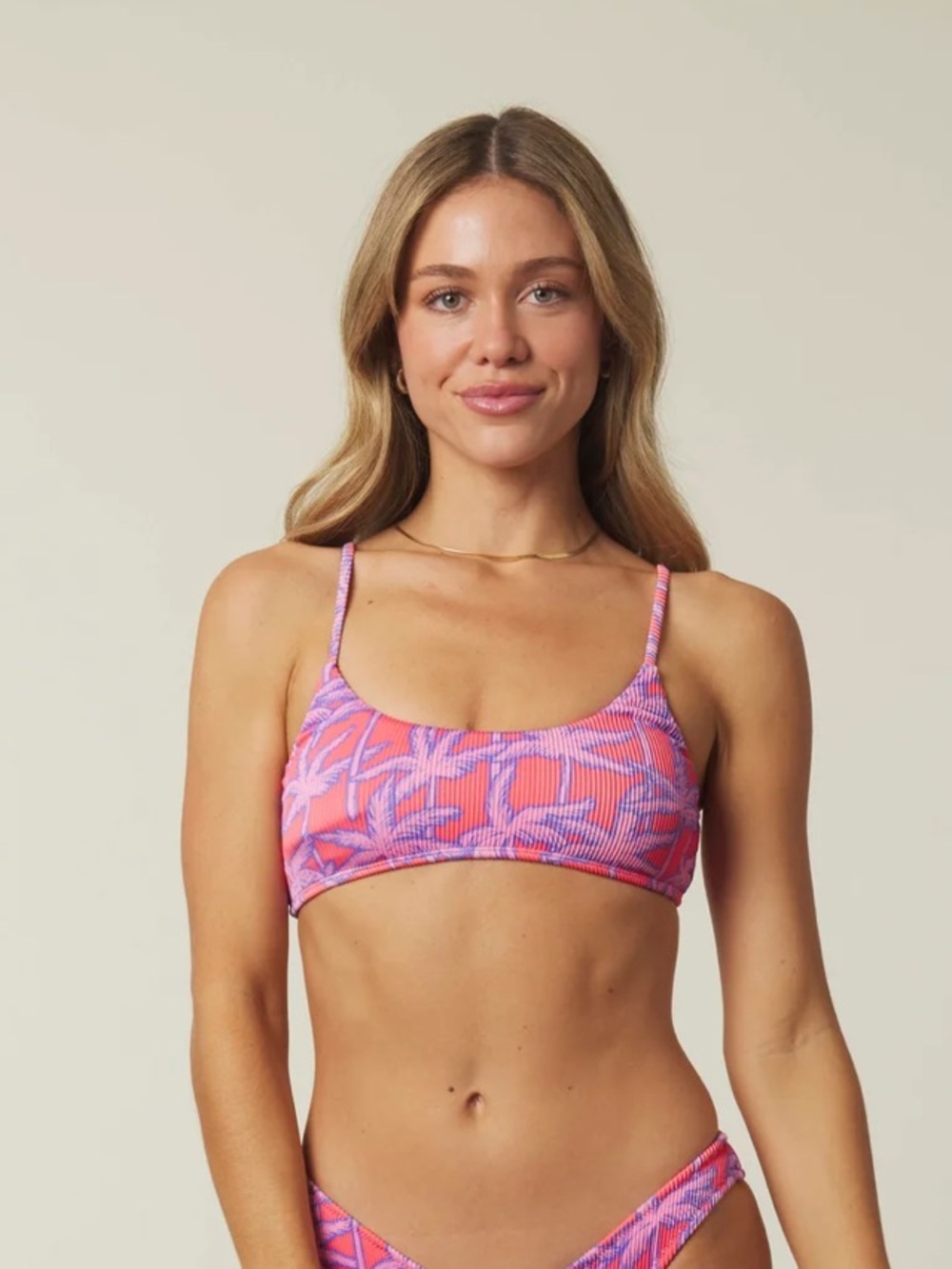Honey Swim Palm Pop Ribbed Bralette Pink & Purple Palm-Print Bikini Top L